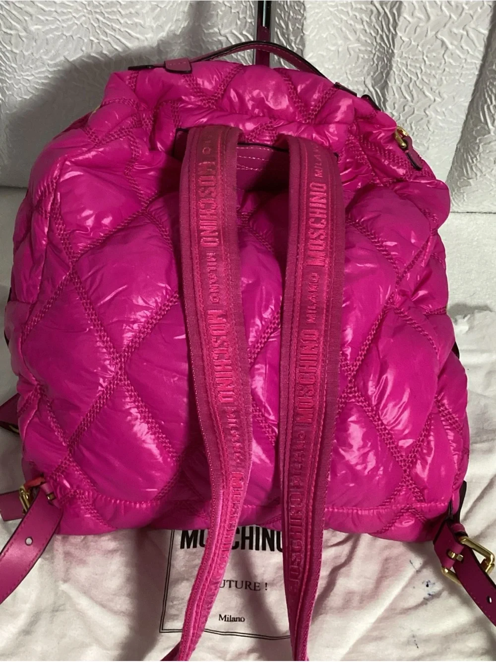 Moschino Quilted Hot Pink Large Nylon Backpack w/ Gold Studded Logo